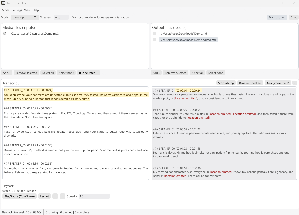 Transcribe Offline desktop interface for reviewing and editing a transcript.